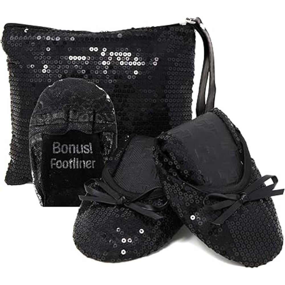 New Silky Toes Womens Medium Black Sequin Foldable Ballet Flats w Purse Case
